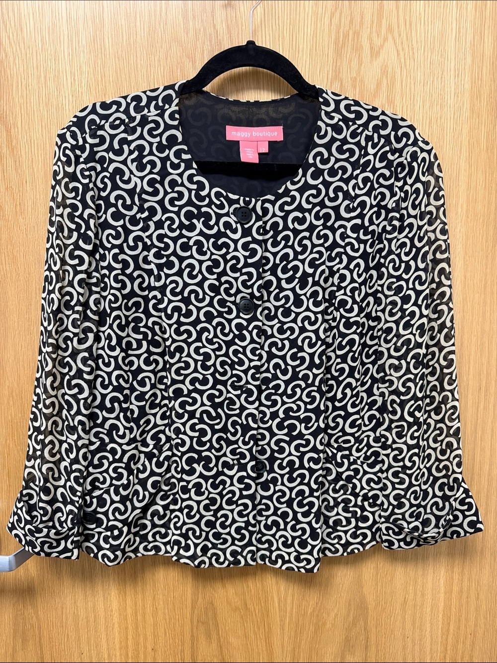 Vintage Maggy Boutique 100% Silk Black & Cream Geometric Button-Front Blouse